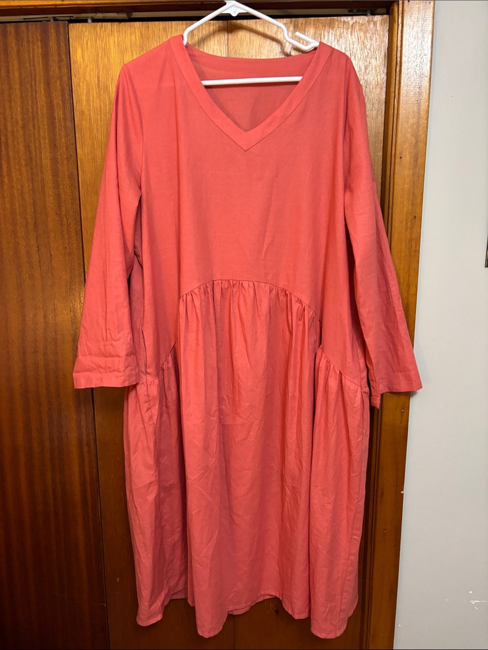 V-Neck Coral Long Sleeve Gathered Waist Dress